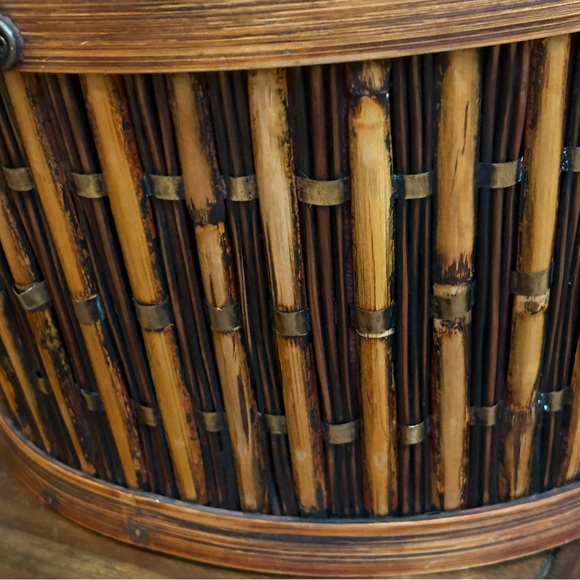 Vintage‎ Bamboo Woven Round Basket with Diamond-Weave Attached Lid Black Lining - Picture 11 of 16